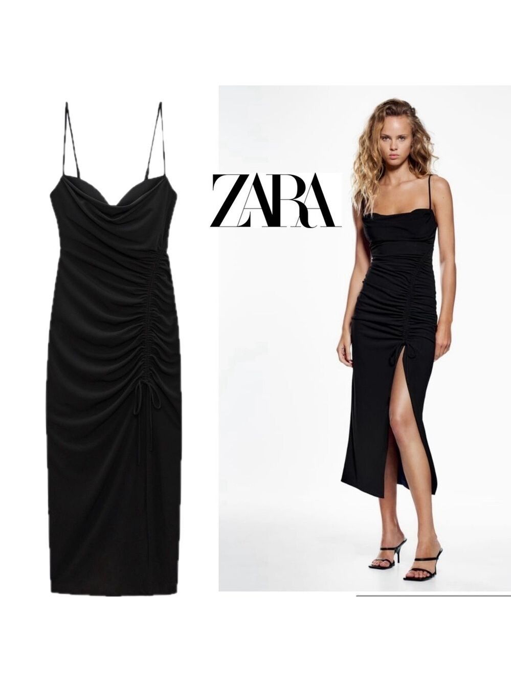 Zara black ruched sweetheart neckline bodycon midi dress high drawstring slit M